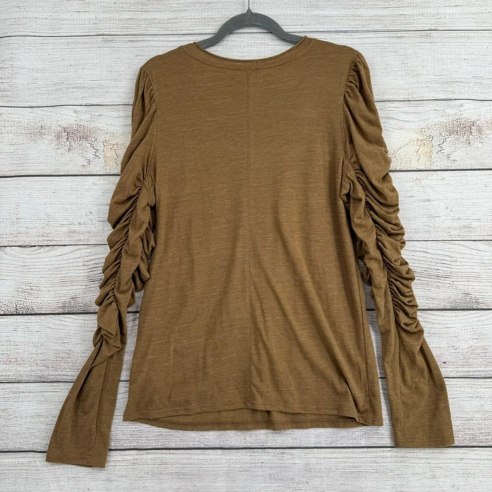 Free People Ruched Sleeve Top Womens L Brown OB1581264 Gathered Slub Tee